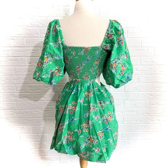 A New Day Green Floral Puff Sleeve Cut Out Bubble Dress Size Small - Picture 3 of 7